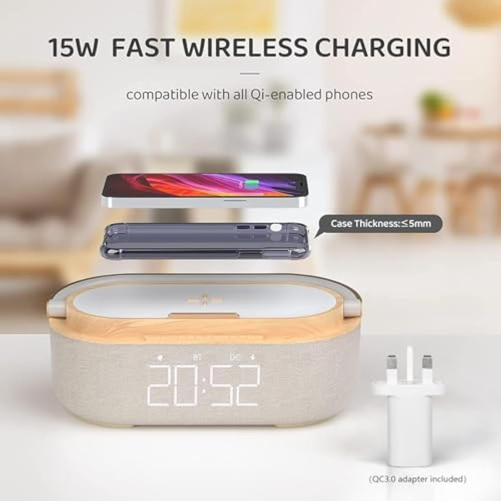COLSUR Bluetooth Speaker Alarm Clock | 15W Wireless Charger & Night Light