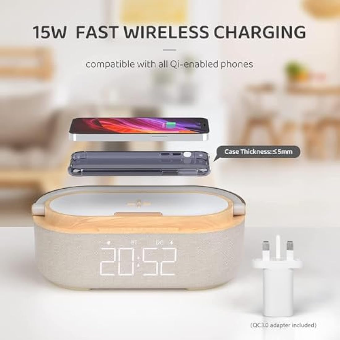 COLSUR Bluetooth Speaker Alarm Clock | 15W Wireless Charger & Night Light