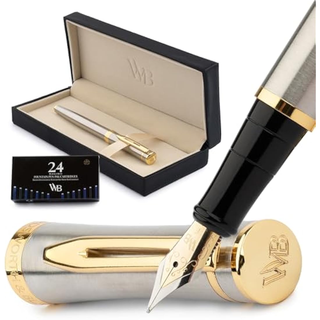 Wordsworth & Black Fountain Pen Set - 18K Gilded Fine Nib, Silver Gold