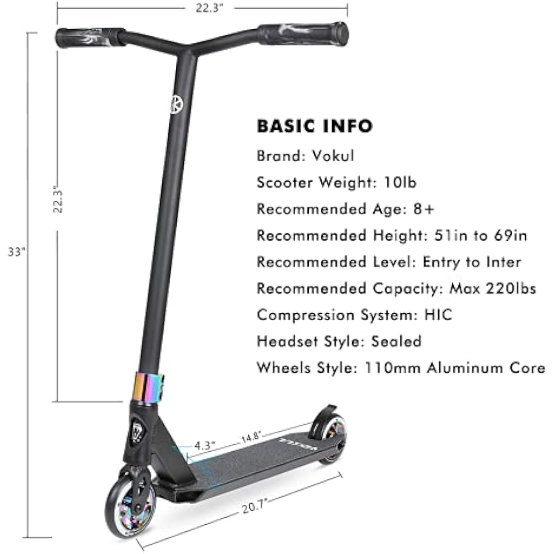 Vokul Bzit K1 Pro Stunt Scooter | 110mm Alloy Wheels for Kids 8+