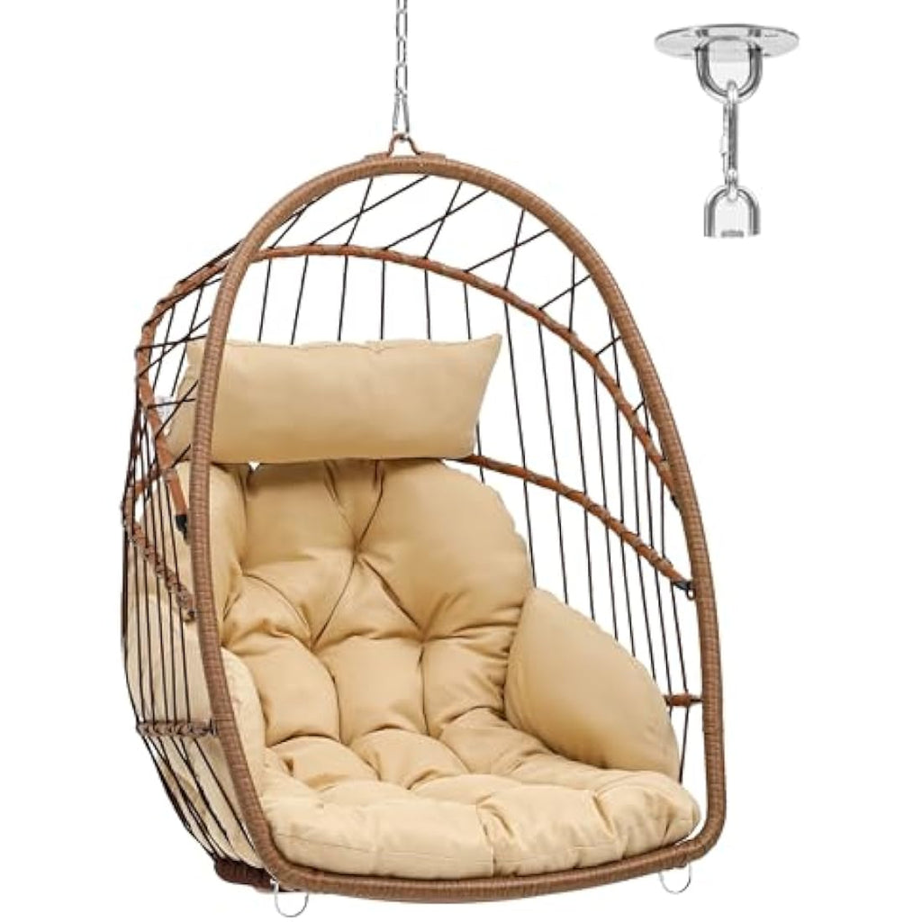 YITAHOME Rattan Hanging Egg Chair – Outdoor Swing with Beige Cushions