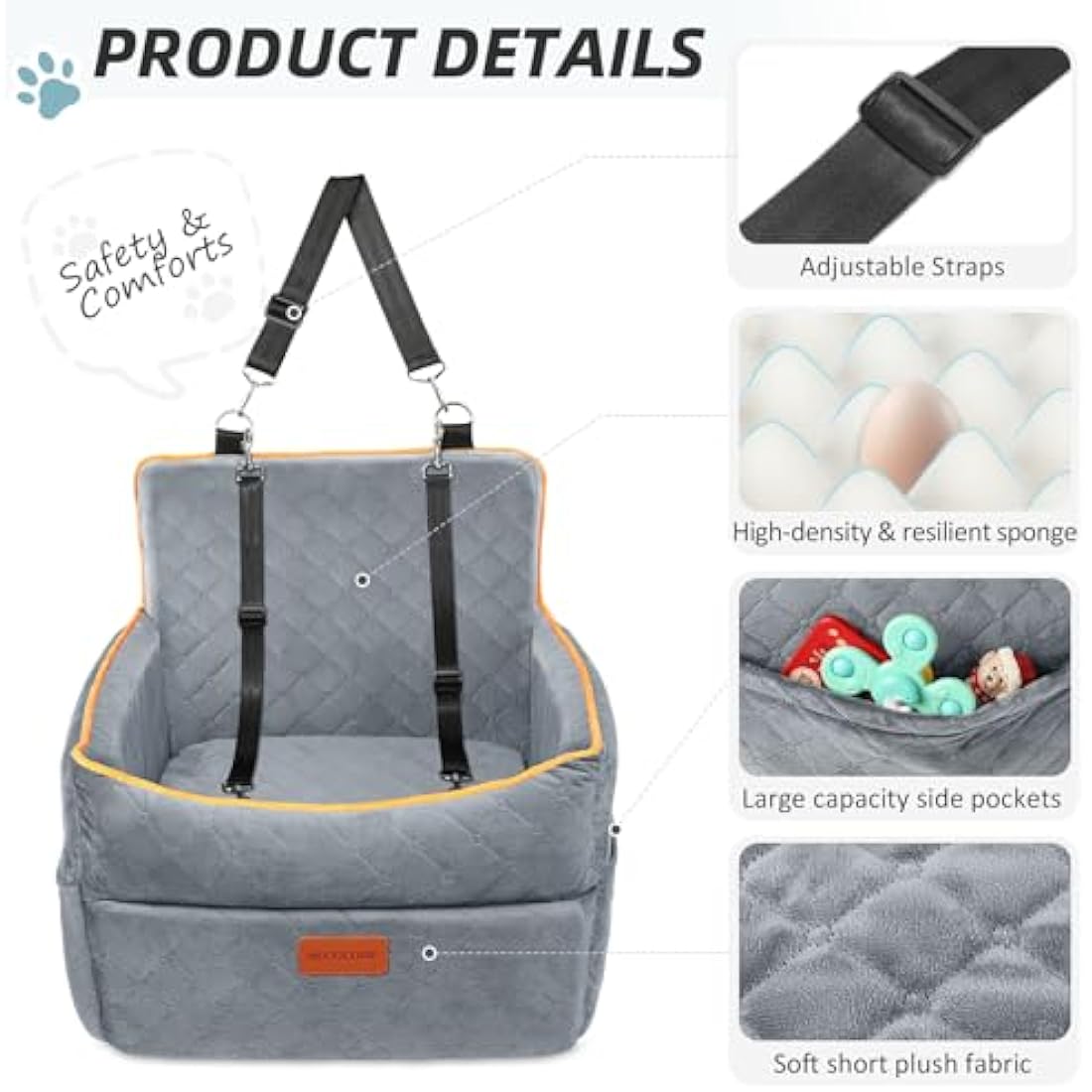 HEGGCOOE Memory Foam Dog Car Seat – Washable Booster Seat for Dogs to 35lbs
