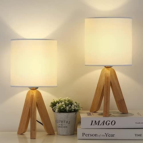 UOMIO Wooden Tripod Table Lamps Set of 2 | Fabric Shade Bedside Lights