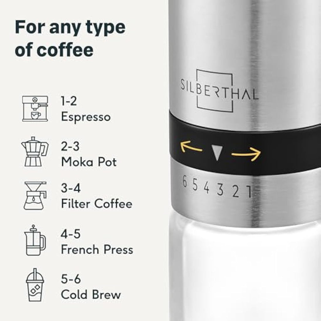 SILBERTHAL Manual Coffee Grinder – Stainless Steel with 6 Levels