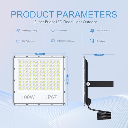 YIQIBRO 100W LED Security Floodlight | 10000LM IP67 Waterproof - 2 Pack