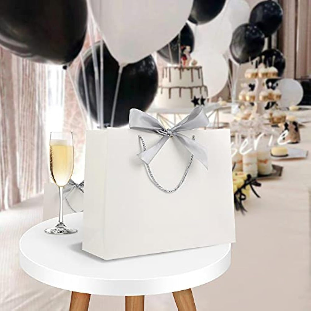 White Paper Gift Bags with Silver Bow Ribbon - 8 Pack