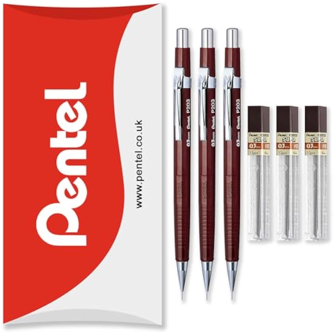 Pentel P200 Mechanical Pencil 0.3mm - 3 Pencils & 3 Lead Refills