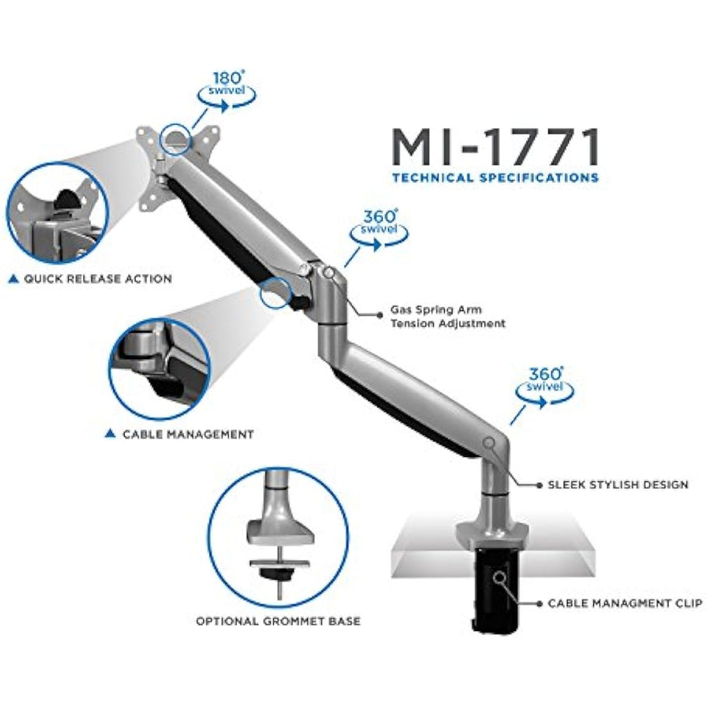 Mount-It! Single Monitor Arm – Gas Spring Desk Mount for 19-32" Screens