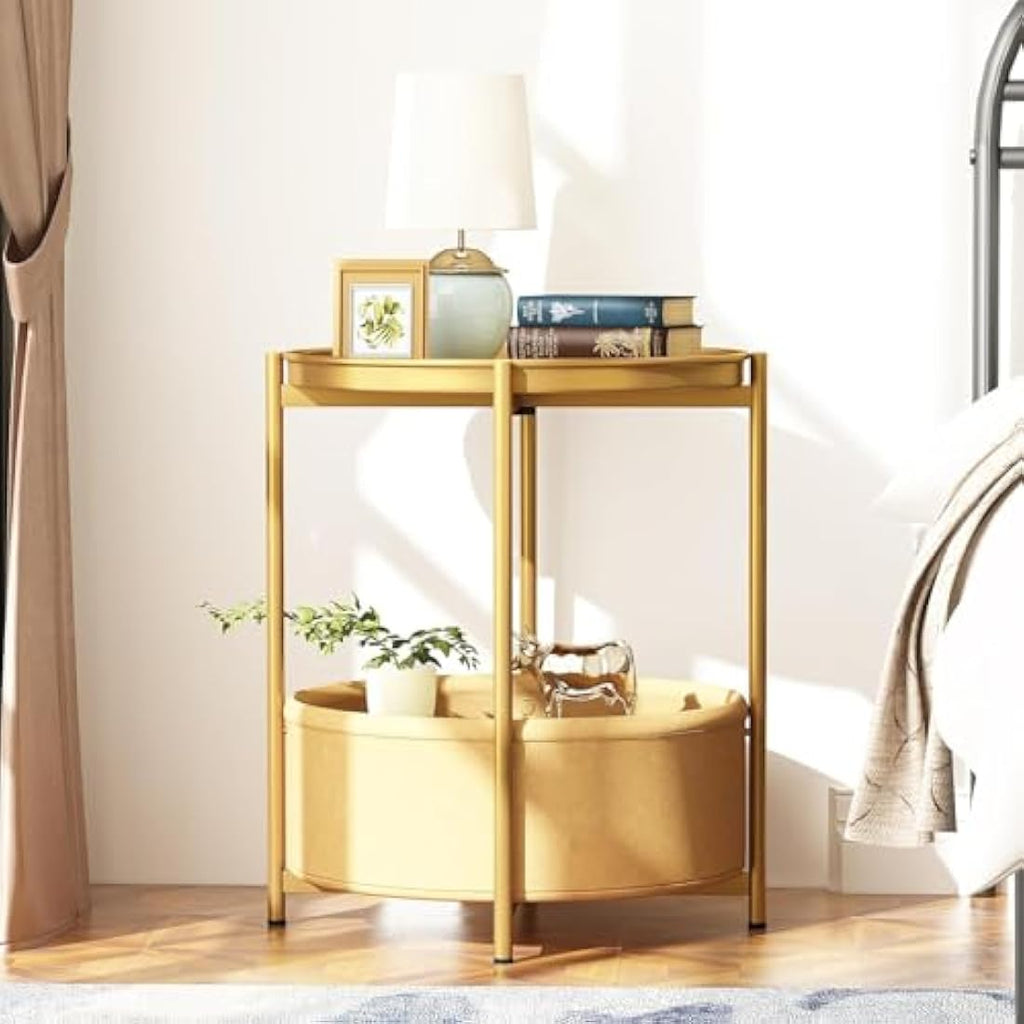 Huhote Round Side Table – Metal End Table with Storage Basket, Gold