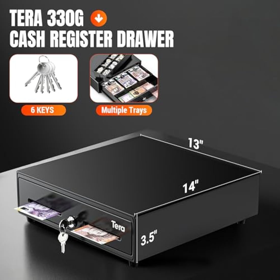Tera 13" Cash Register Drawer | 3 Bill 8 Coin Tray with 6 Keys & RJ12