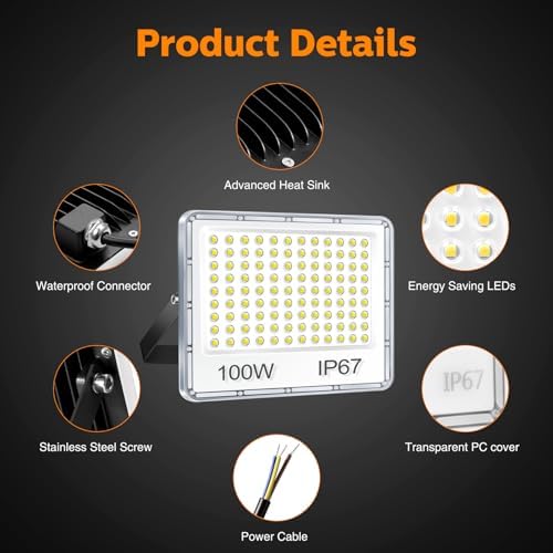 YIQIBRO 100W LED Floodlight Outdoor 2-Pack | IP67 Waterproof 10000LM