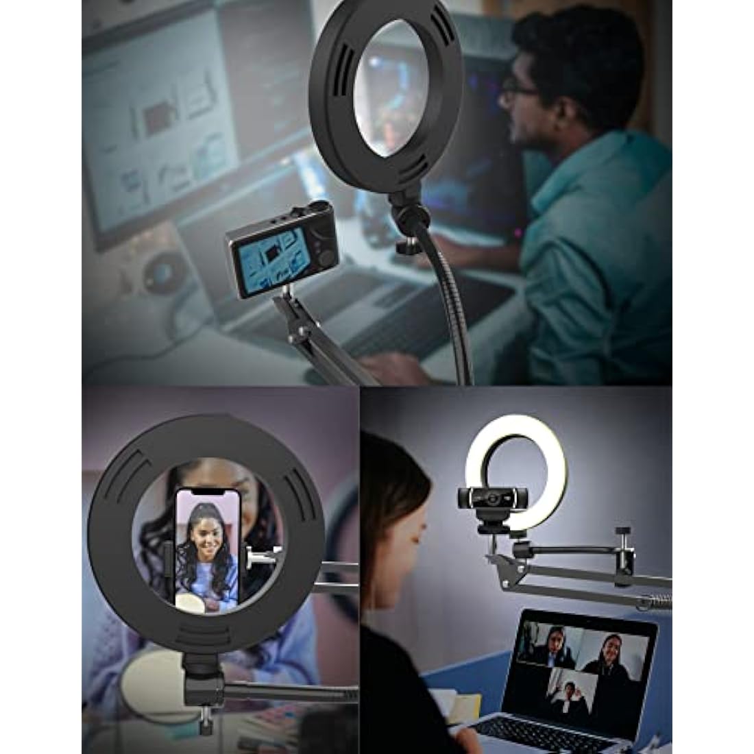 Overhead Phone Mount with Ring Light | Flexible Desk Stand