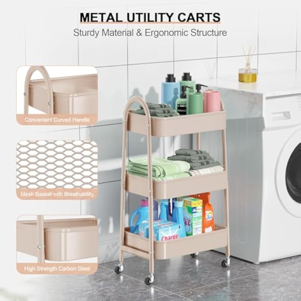 EAGMAK 3-Tier Metal Utility Rolling Cart with Handle and Wheels - Beige