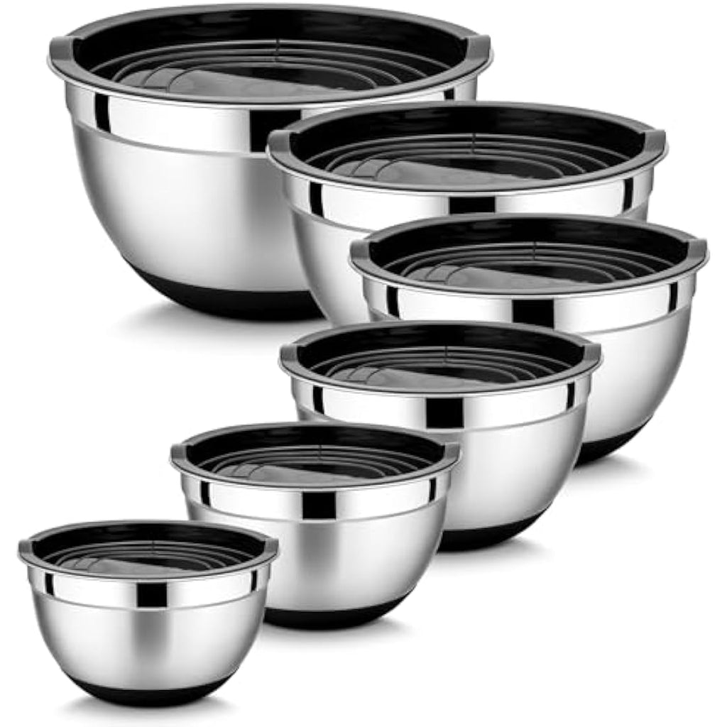 HaWare 6-Piece Stainless Steel Mixing Bowl Set with Airtight Lids - Black