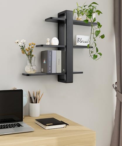 SUMGAR Floating Shelves – 3 Tier Black Pine Wood Wall Mounted Shelving Unit