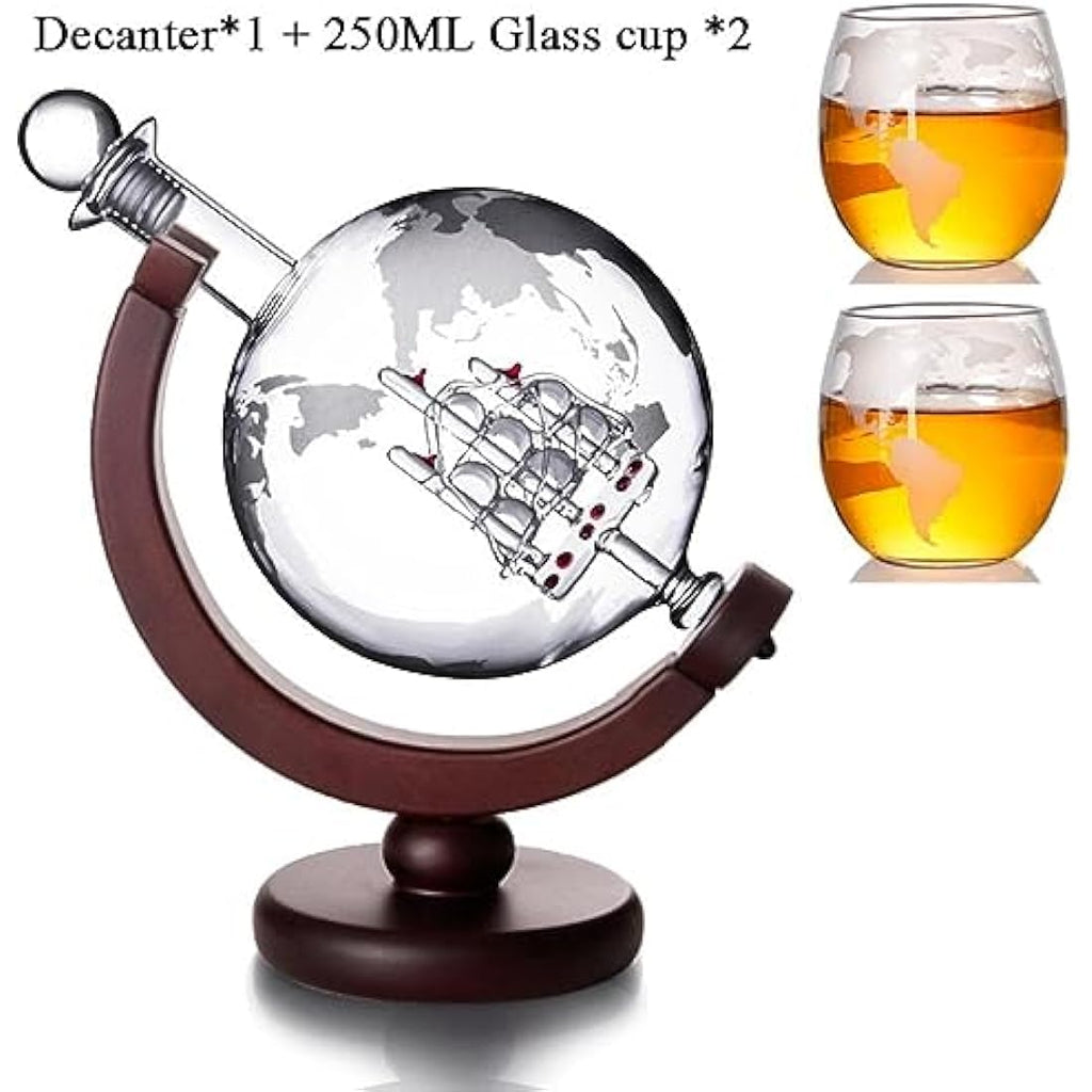 Whiskey Globe Decanter Set – 850ml Glass Carafe with Ship