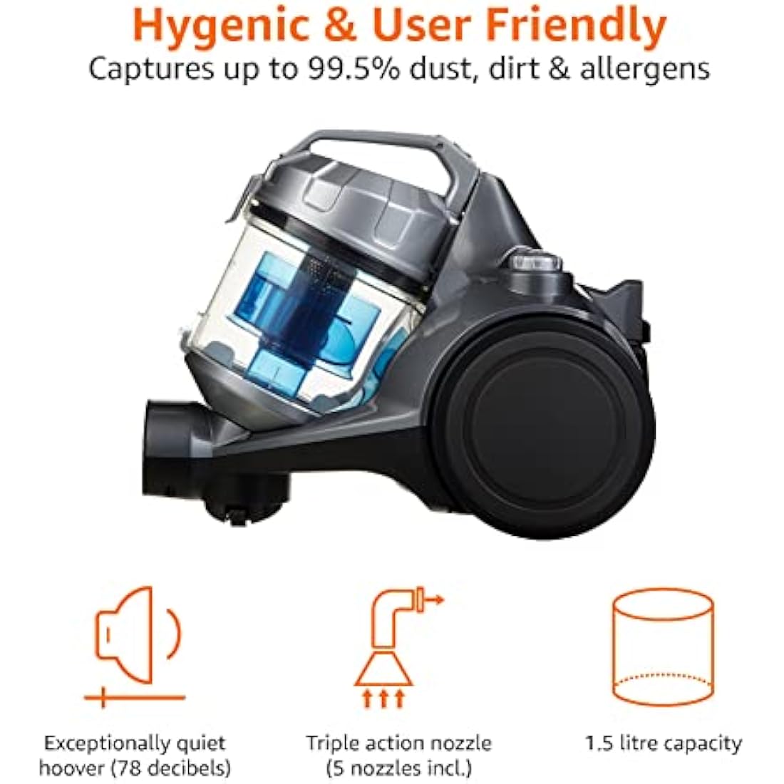 Amazon Basics Bagless Cylinder Vacuum Cleaner | 700W HEPA Filter - Black