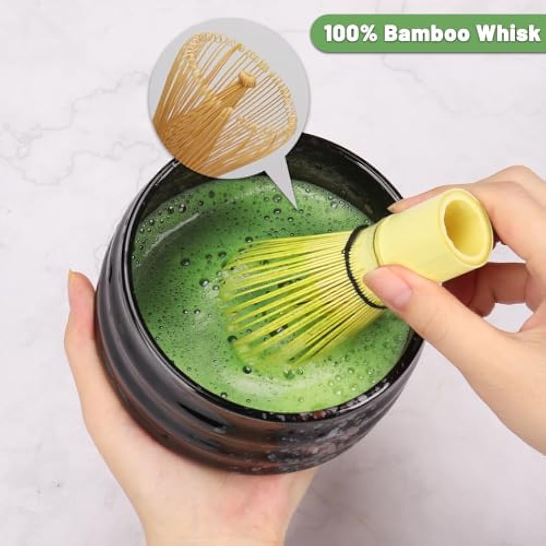 Geebuzz 6-Piece Matcha Whisk Set with Ceramic Bowl and Bamboo Whisk - Black