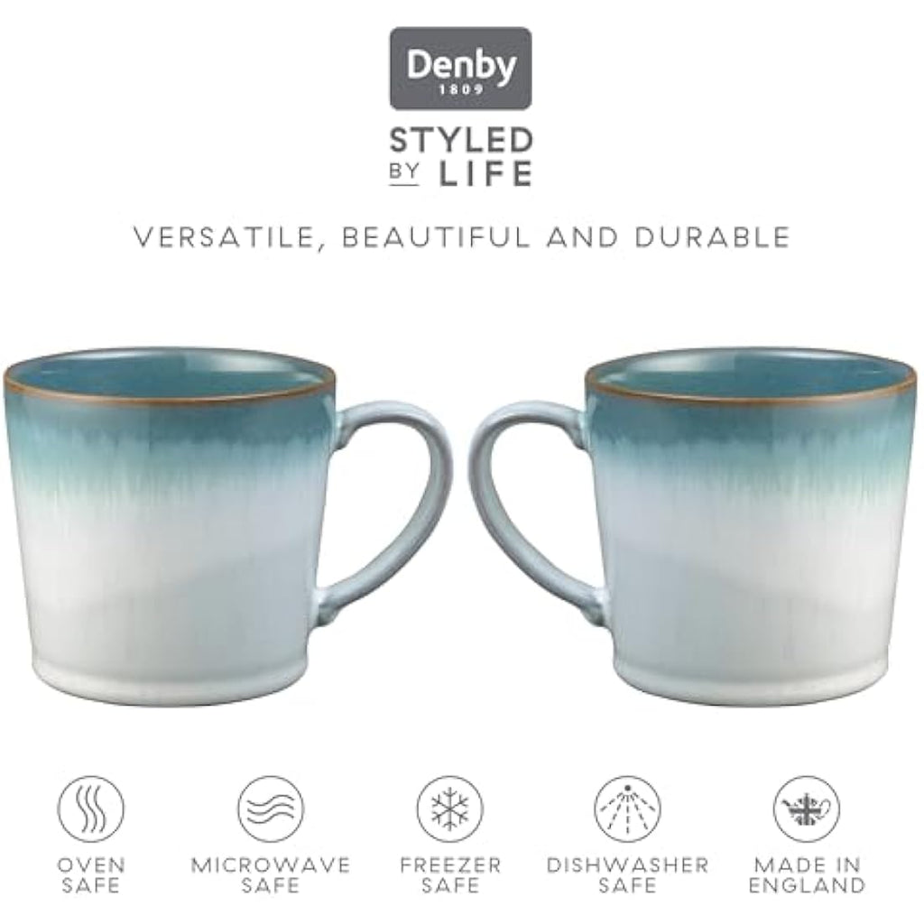 Denby Azure Haze Stoneware Coffee Mug Set of 2 | 400ml Blue & White