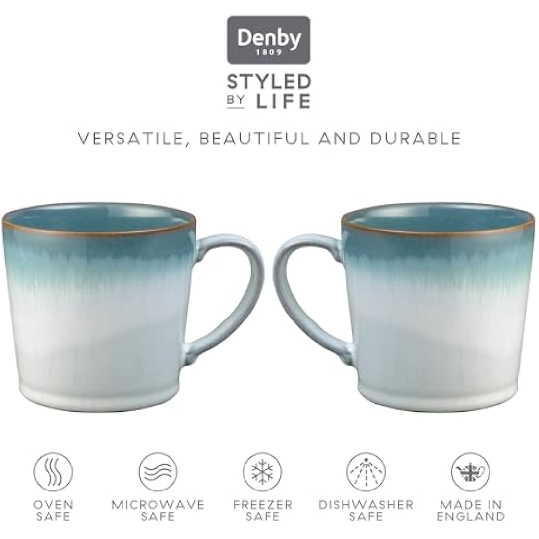 Denby Azure Haze Stoneware Coffee Mug Set of 2 | 400ml Blue & White