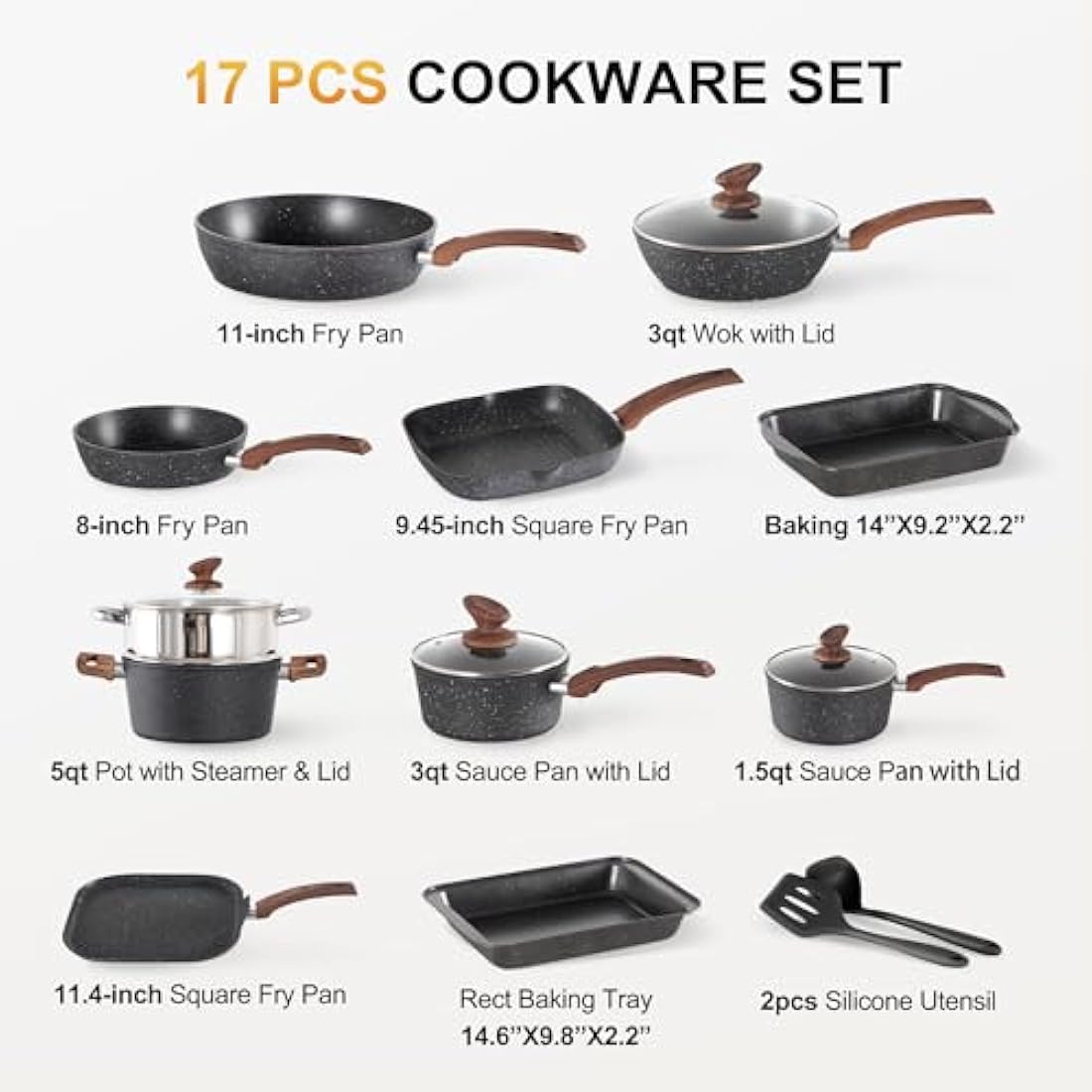 Kitchen Academy 17-Piece Non-Stick Granite Cookware Set | Induction Black