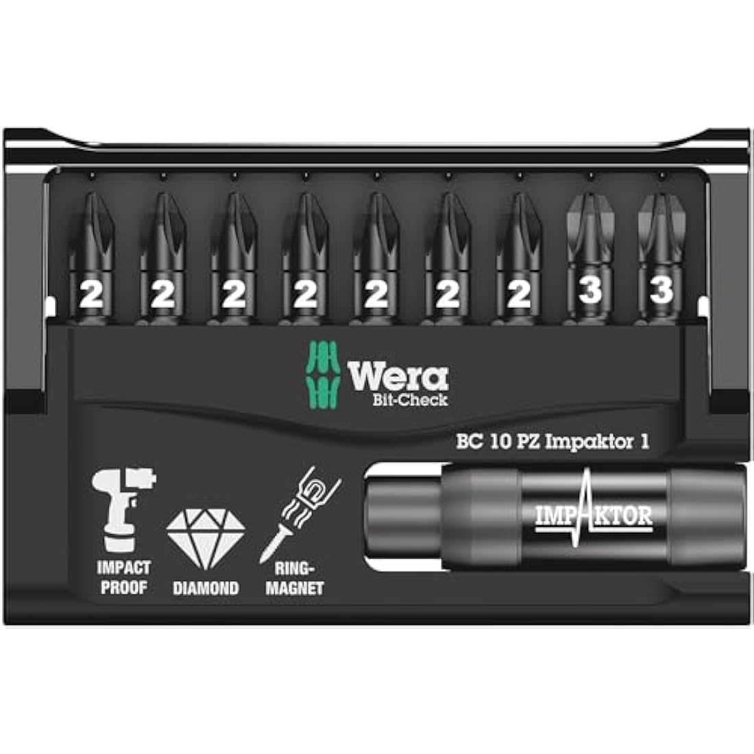 Wera Bit-Check 10 PZ Impaktor Set | Long Life Pozidriv Bit & Holder