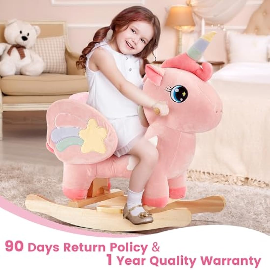 FUNLIO Pink Unicorn Baby Rocking Horse - Wooden Ride-on for Toddlers
