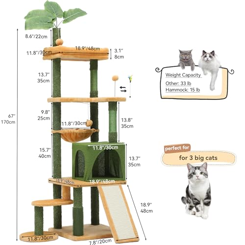 YITAHOME 72.8in Tall Cat Tree Tower with Leaves, Condo & Grooming Brush