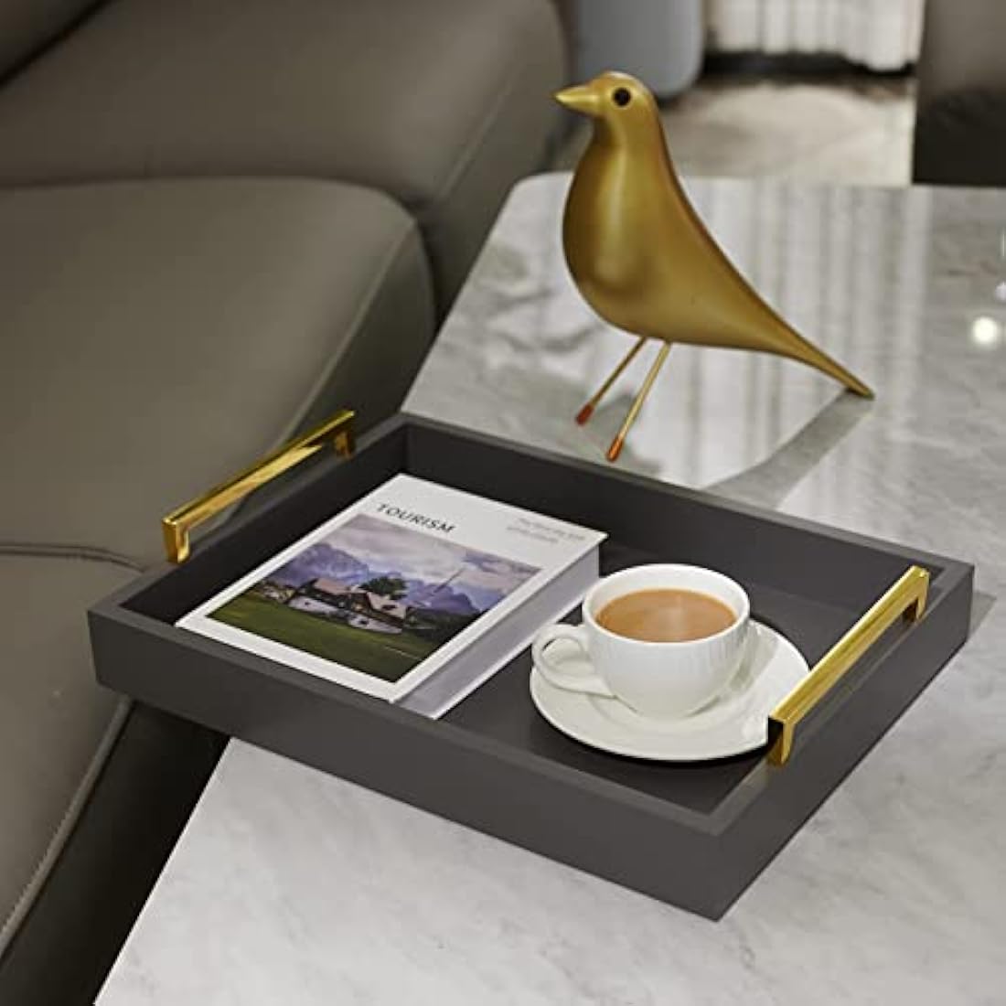 Charcoal Decorative Serving Tray with Handles – 16x12 Inch