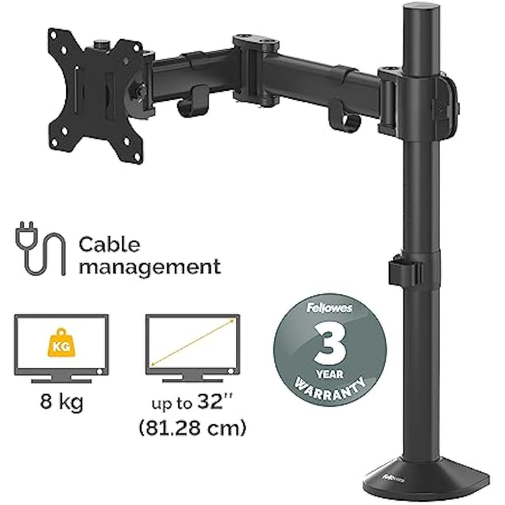 Fellowes Reflex Single Monitor Arm – Ergonomic Desk Mount for 32" Screens