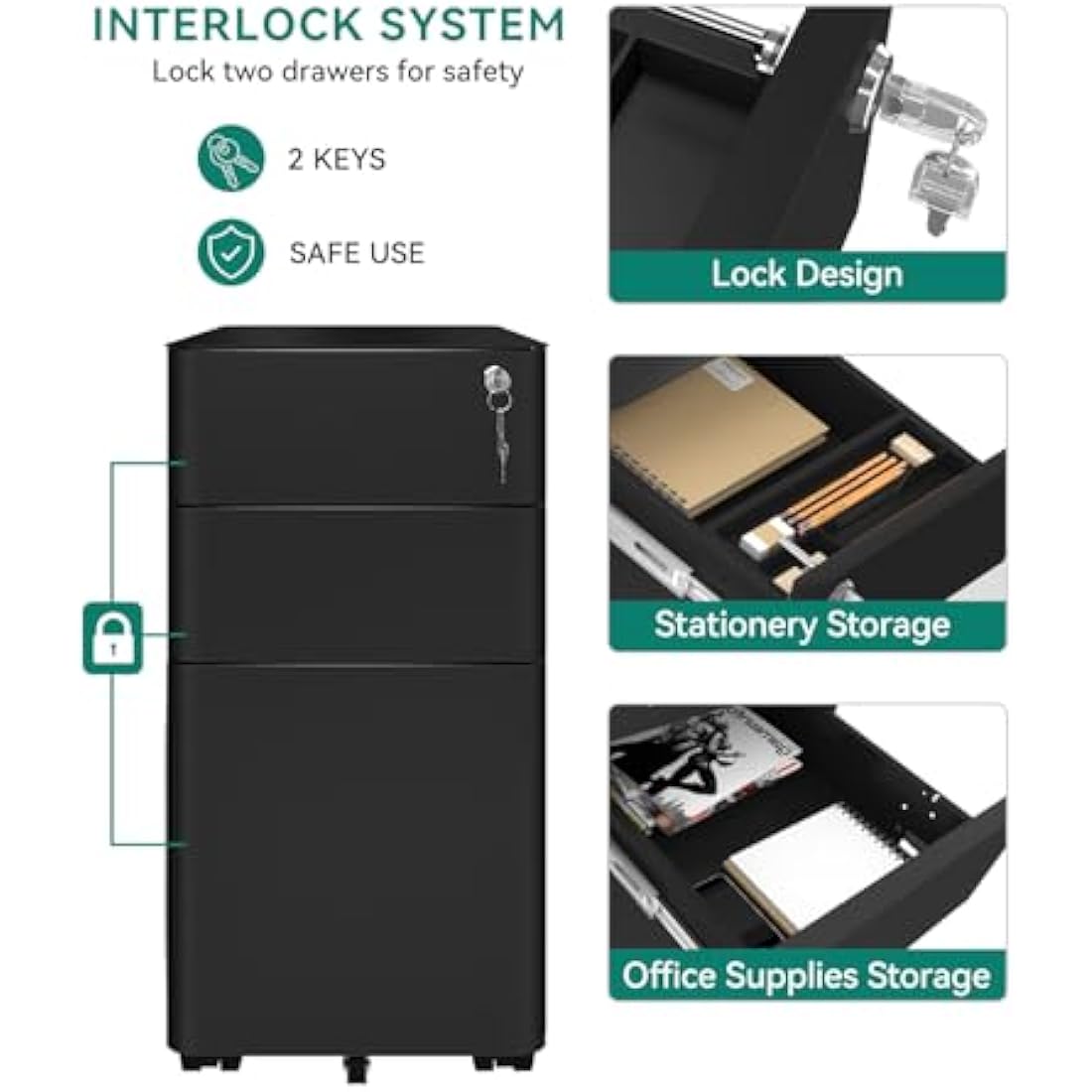 YITAHOME 3-Drawer Mobile Filing Cabinet | Lockable Steel Office Pedestal