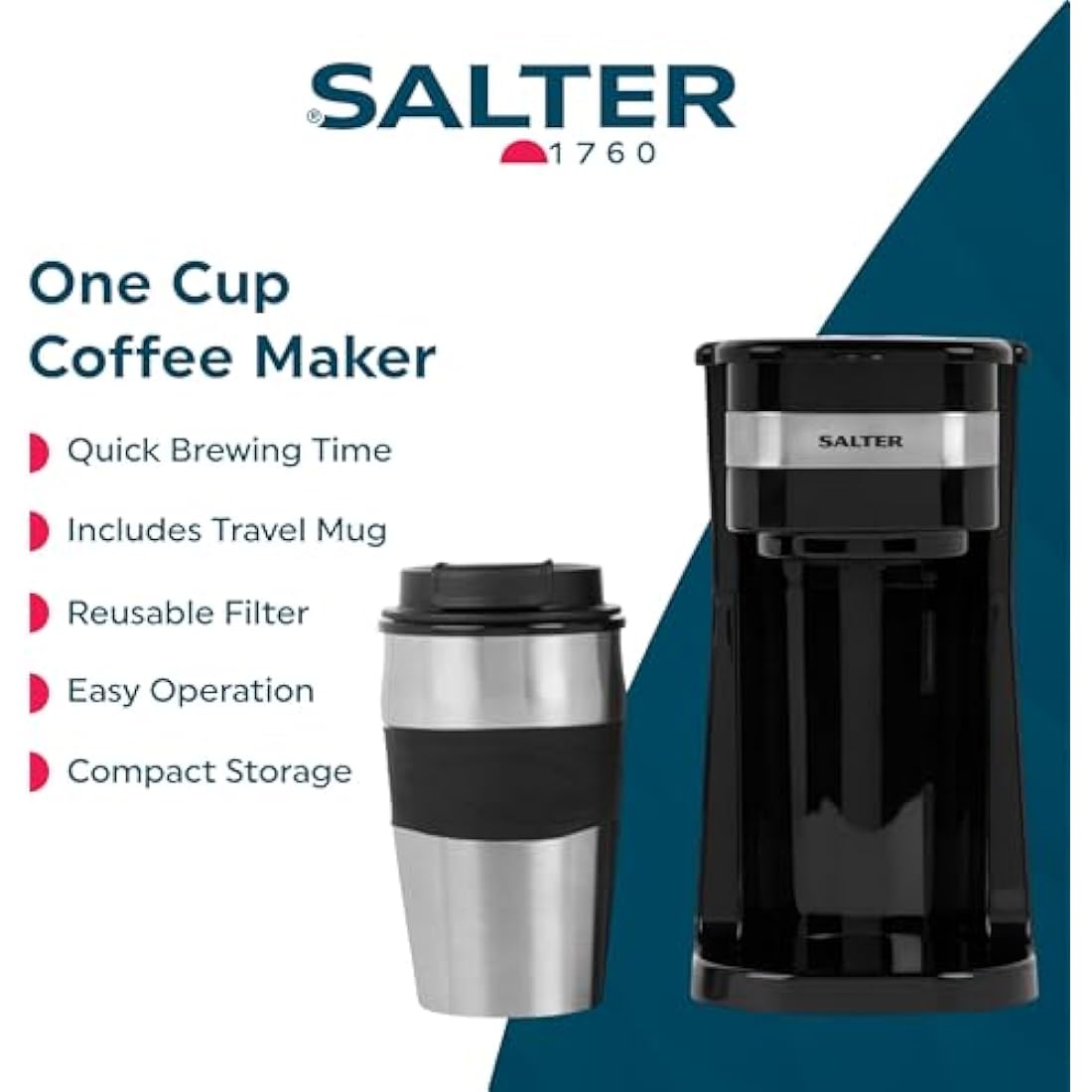 Salter One Cup Coffee Maker – Filter Machine with 420ml Travel Mug