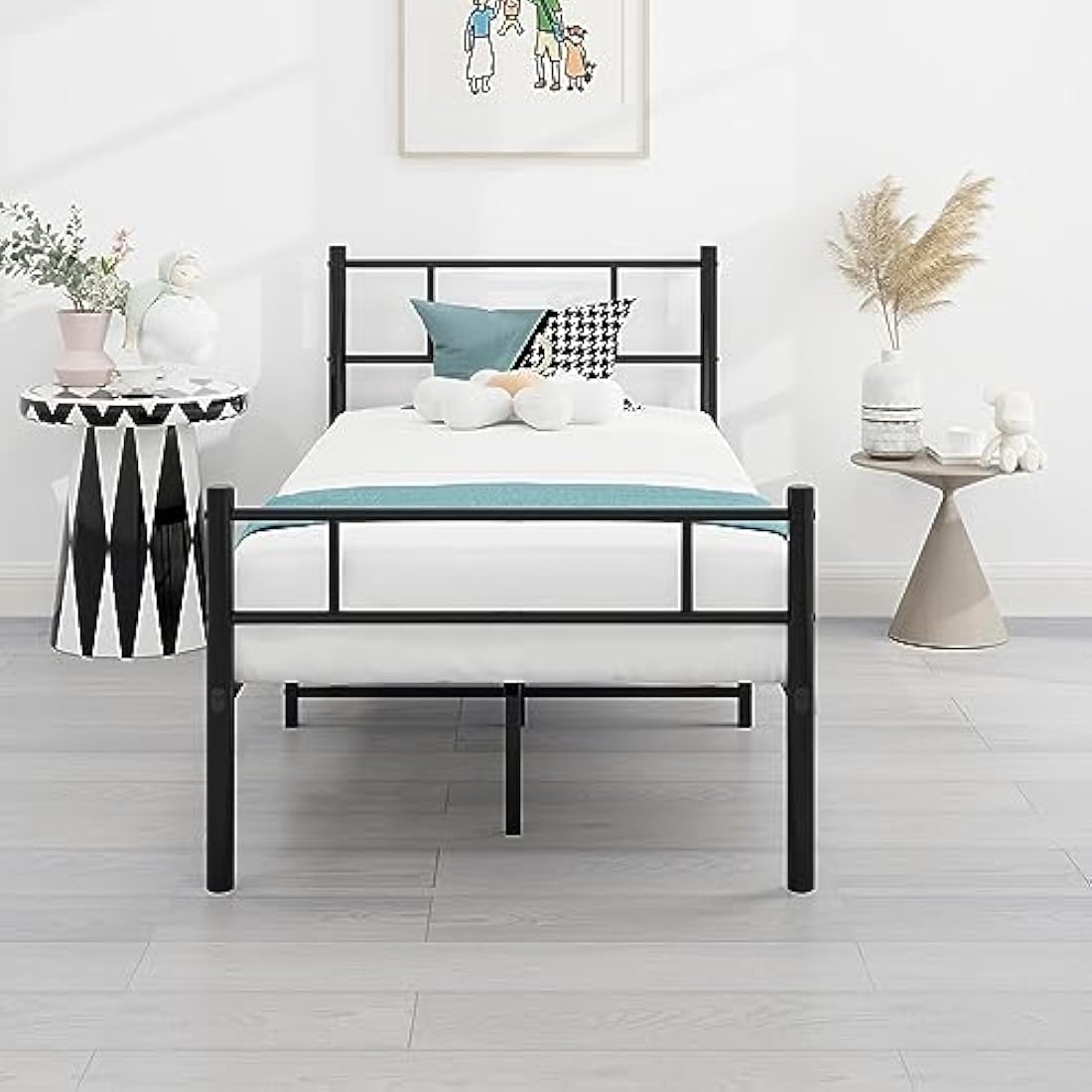 HOMERECOMMEND 3ft Single Metal Bed Frame with Headboard - Black Steel