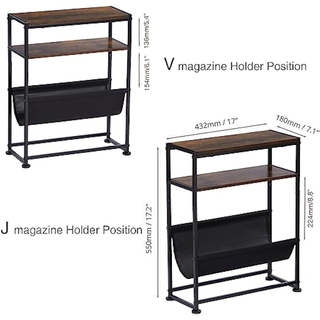 ZEXVIDA Narrow End Table with Magazine Holder – Slim Industrial Side Table