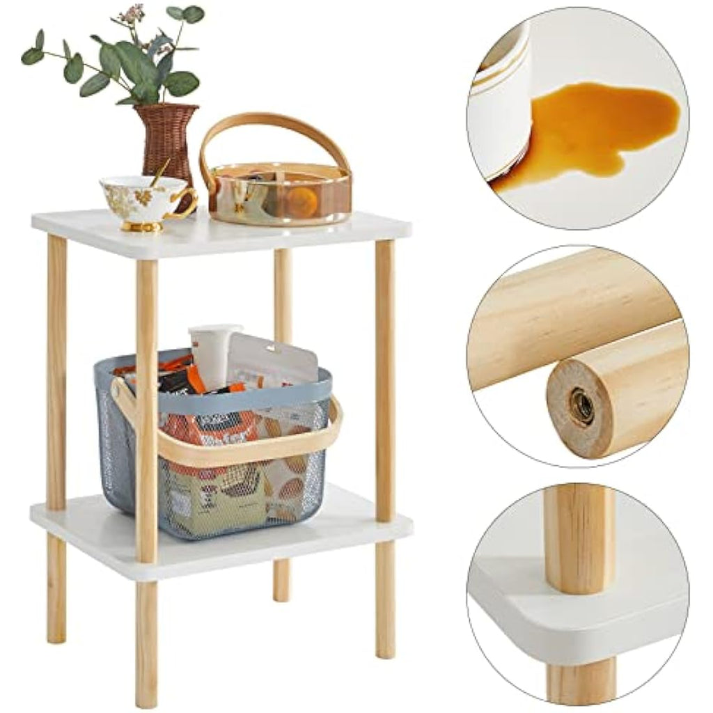 IBUYKE 2-Tier Wood Side Table – Narrow Nightstand with Storage, White