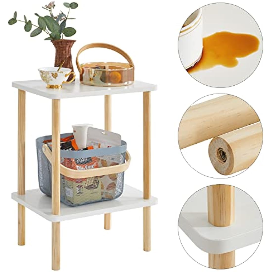 IBUYKE 2-Tier Wood Side Table – Narrow Nightstand with Storage, White