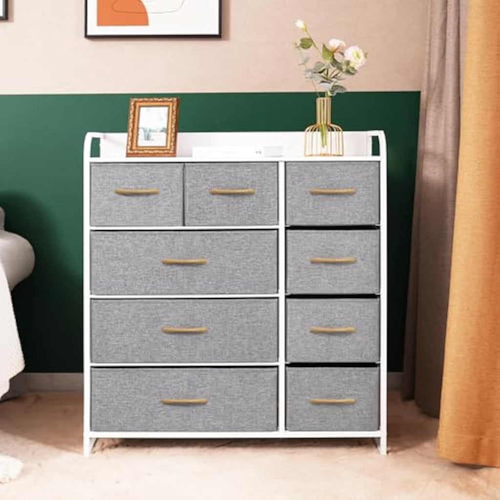 LYNCOHOME 9-Drawer Fabric Dresser | Sturdy Steel Storage Unit - Snow Gray