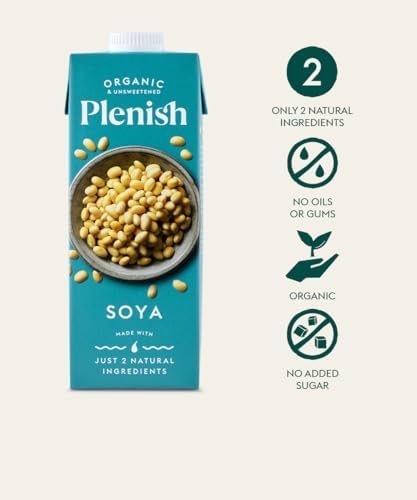 Plenish Organic Unsweetened Soya Milk - High Protein - 1L (Pack of 8)