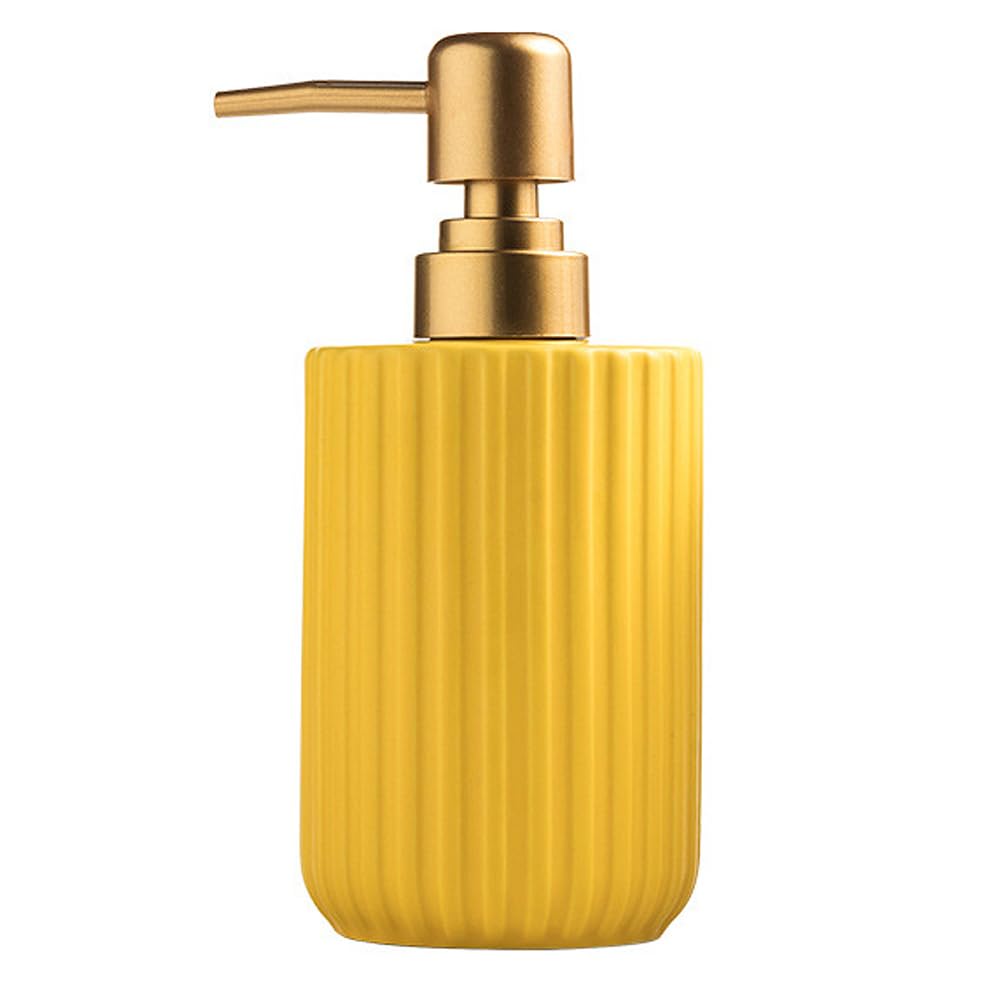 Jolof Store Yellow Ceramic Soap Dispenser – Striped Porcelain with Gold Pump