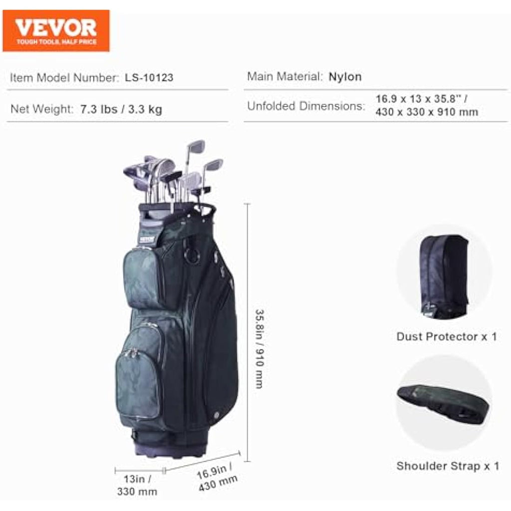 VEVOR 14-Way Golf Cart Bag | Waterproof 600D Nylon Organizer – Army Green
