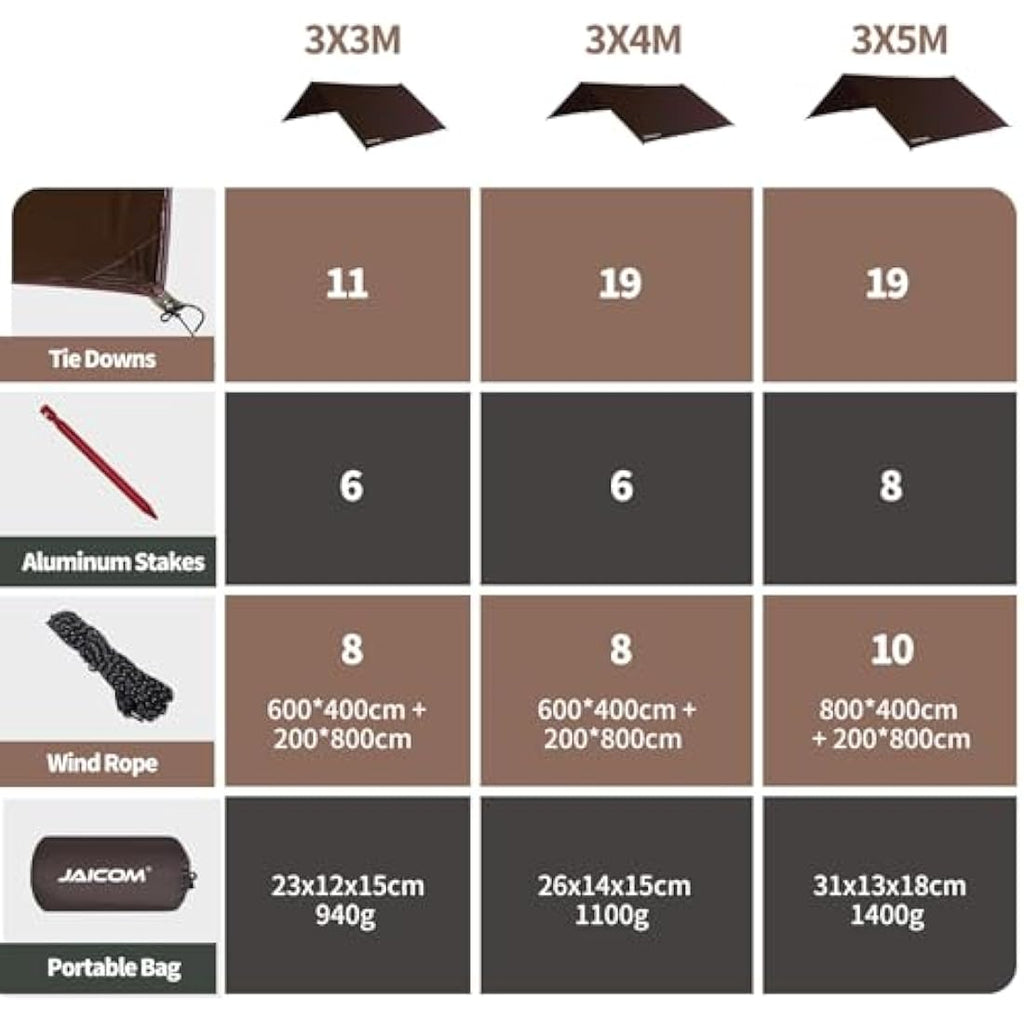 JAICOM Waterproof Camping Tarp | 3x5m PU3000mm UV Shelter - Brown
