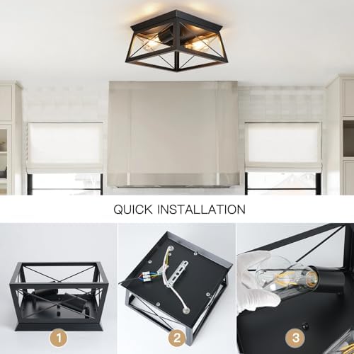 FORCOSO Industrial Flush Mount Ceiling Light – 2-Light Black Metal Cage