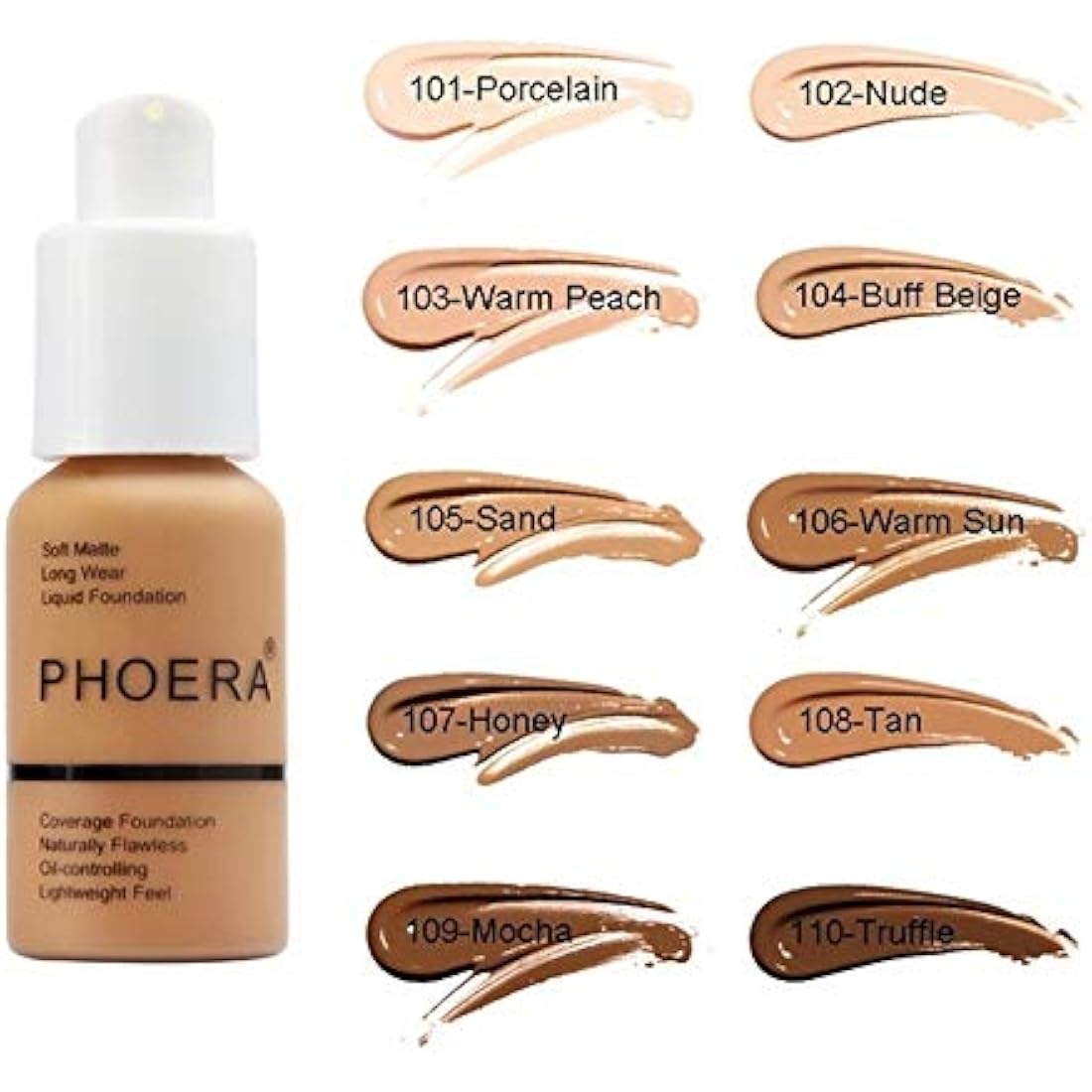 Phoera Full Coverage Liquid Foundation - Matte Oil Control (110 Truffle)