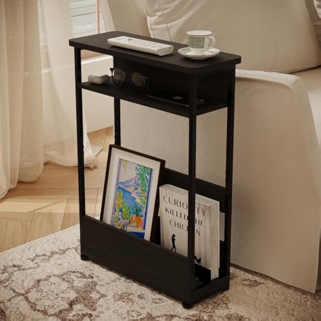 YEAKOO Narrow Side Table – 3-Tier Slim End Table with Storage Shelf