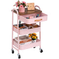 DOEWORKS 3-Tier Metal Rolling Storage Trolley with Drawer - Pink