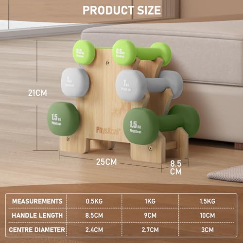 PhysKcal Neoprene Hex Dumbbells Set of 6 with Bamboo Stand - 6kg Total