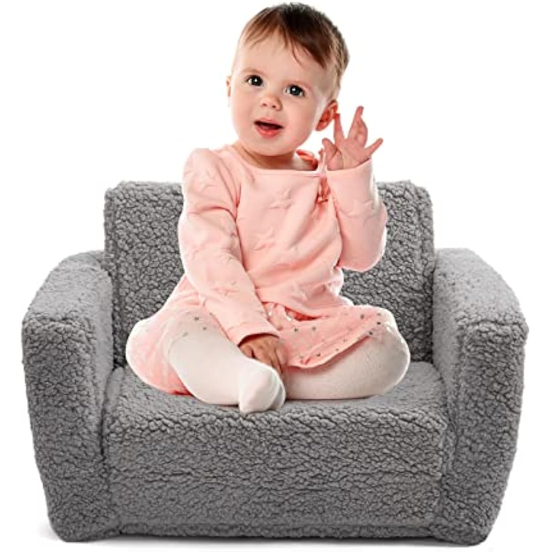 BEJOY 2-in-1 Kids Sofa Bed – Sherpa Toddler Convertible Chair, Grey