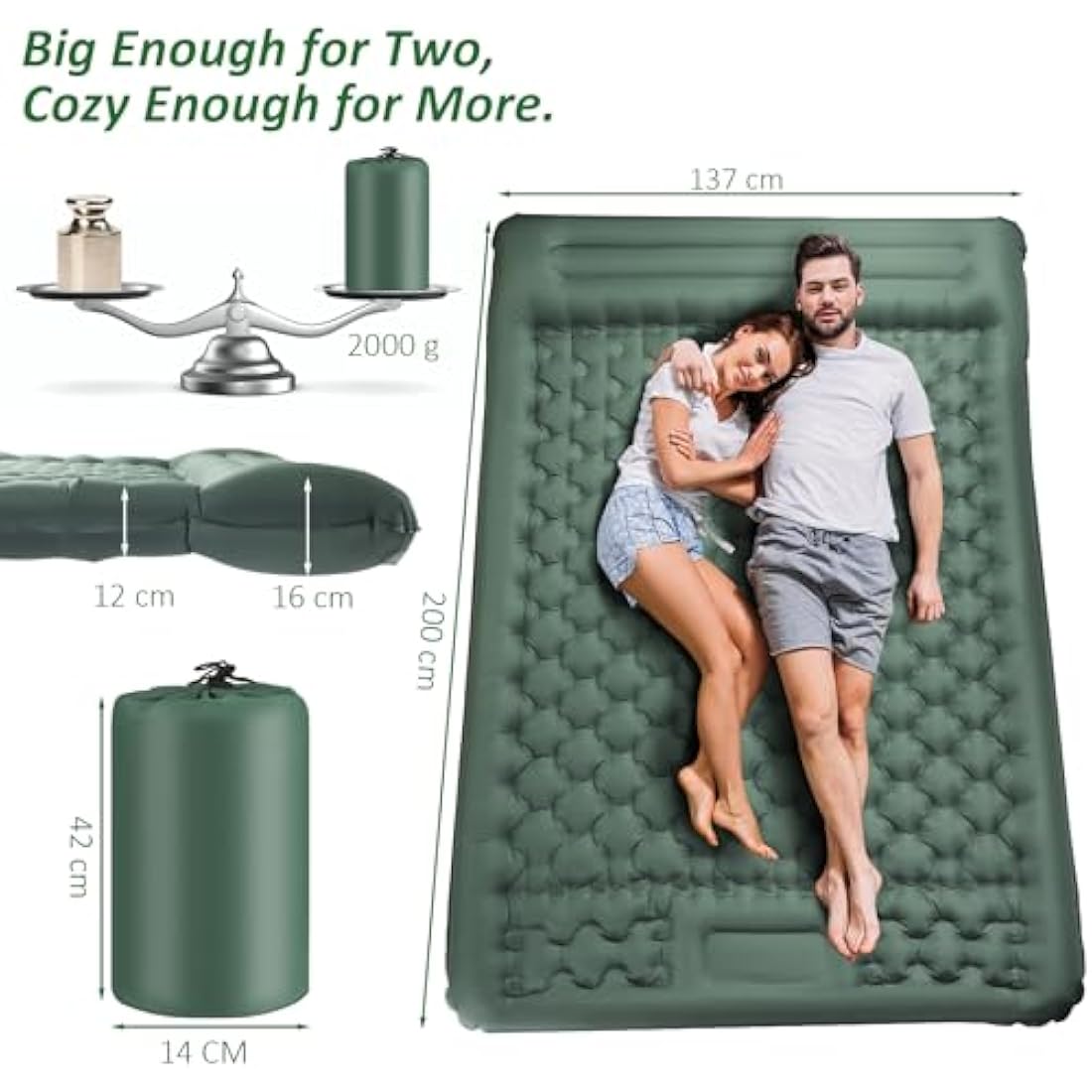 Double Self-Inflating Camping Mat | 12cm Thick Nylon Air Bed