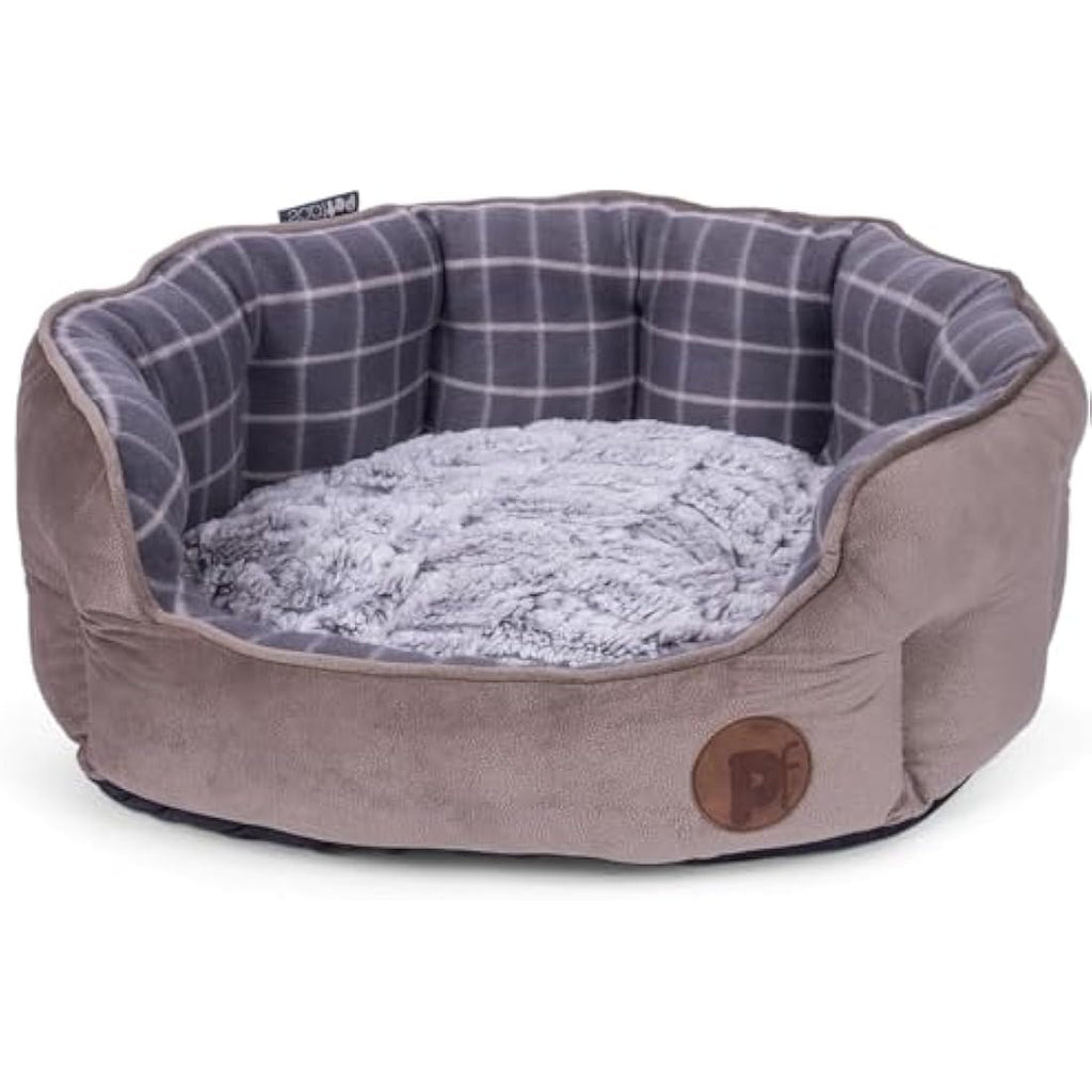 Petface Bamboo Oval Dog Bed – Medium Plush Grey Check Pet Bed