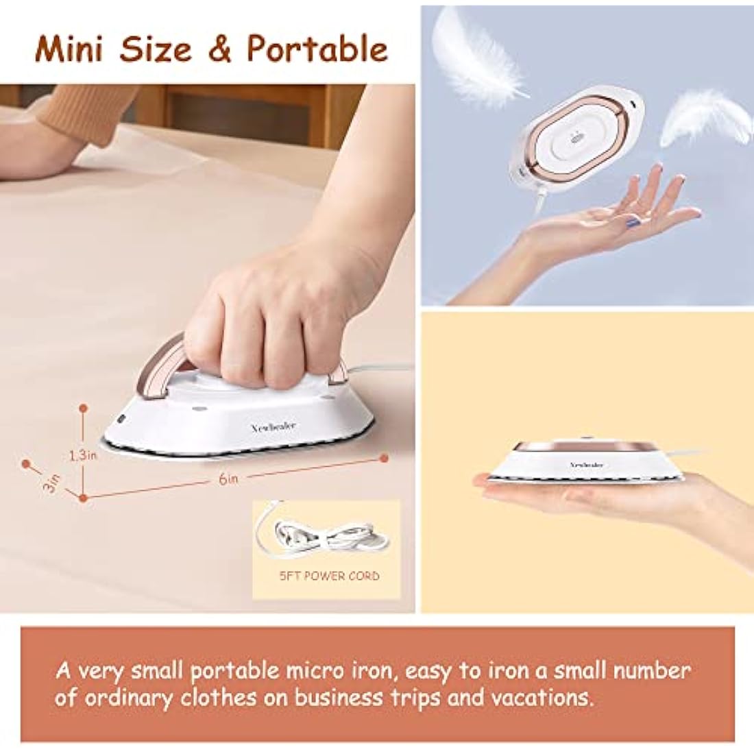 Newbealer Mini Travel Iron – Dual Voltage Compact Iron for Sewing, Gold